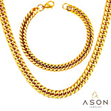 ASON 7mm Link Chians Jewelry Set Gold Color Stainless Steel Cuban Chain Necklace Bracelet Bangle Set For Women Men Fashion