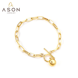 ASON Gold Color Vintage Stainless Steel Bracelet Steel Ball Pendant Toggle Clasp for Women Man Thick Bangle Fashion Jewelry