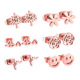 ASON Small Earrings Trendy Jewelry Rose Gold Color Flower Tree Smile Letter 6pairs/Box Stainless Steel Earrings Sets Party