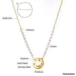 ASON – collier avec pendentif visage souriant, couleur or, Imitation de perles, chaîne de perles en acier inoxydable, 40 + 7cm, bijoux à la mode pour femmes 