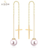 ASON longue ligne lien chaîne Imitation perle boucles d'oreilles pour femmes couleur or croix boucles d'oreilles femme Bijoux Pendientes 