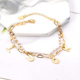 ASON Gold Color Luck Pendant Bracelet Stainless Steel Double Layer Imitation Pearl Bangle for Women Fashion Jewelry Gift