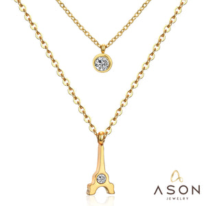 ASON Classic Jewelry Stainless Steel Eiffel Town Pendant Necklace with Round Cubic Zirconia for Women Double Link Chain