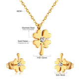 ASON Flower Cubic Zirconia Chain Pendant Necklace Piercing Stud Earrings Jewelry Sets Gold Color Stainless Steel For Women