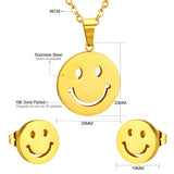 ASON Smile Face Jewelry Set Stainless Steel Pendant Necklace Small Piercing Stud Earrings Gold Color Fashion Party Gift