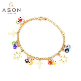 ASON joyería Bohemia pulseras de cadena de eslabones de Color dorado Cruz de acero inoxidable colgante de estrella de ojo azul redondo para pulsera de mujer