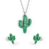 ASON Gold Color Stainless Steel Cactus Necklace and Earrings Jewelry Set with Green Rhinestone for Women Accessory Jewelry