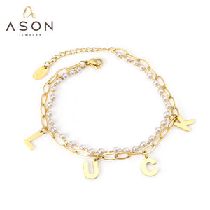 ASON Gold Color Luck Pendant Bracelet Stainless Steel Double Layer Imitation Pearl Bangle for Women Fashion Jewelry Gift