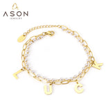 ASON Gold Color Luck Pendant Bracelet Stainless Steel Double Layer Imitation Pearl Bangle for Women Fashion Jewelry Gift