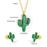 ASON Gold Color Stainless Steel Cactus Necklace and Earrings Jewelry Set with Green Rhinestone for Women Accessory Jewelry