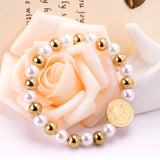 ASON Pulseras Ball Beaded Bracelets With Imitation Pearl Gold Color Stainless Steel Round Jesu Pendants Women Bangle