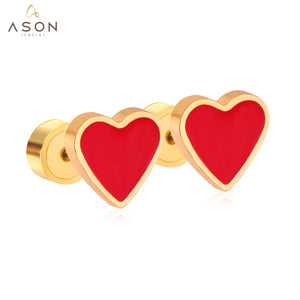 ASON Red/Pink Heart Screw Stud Earring Gold Color Stainless Steel for Women/Girl/Child Ear Piercing Jewelry Christmas Party