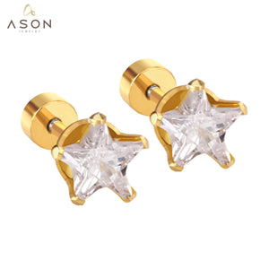 ASON Punk Small Star Screw Piercing Stud Earrings Cubic Zirconia Stainless Steel Gold Color Fashion Jewelry For Women Gift