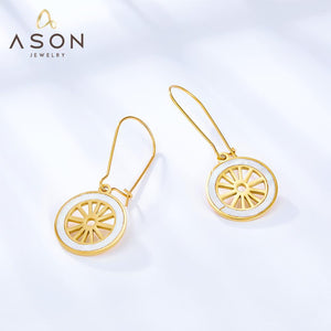 ASON – boucles d'oreilles en forme de roue, avec coquille blanche, couleur or, Piercing en acier inoxydable pour femmes, tendance, fête de bureau