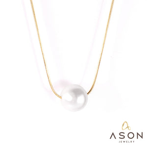 ASON Gold Color Imitation Pearl Pendant Necklace Stainless Steel Snake Chains Necklaces Simple Accessories Women/Girl Party