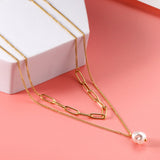 ASON Stainless Steel Trendy Double Chains Necklace With Pearl Pendant Necklace Gold Color For Women Jewelry Party Gift