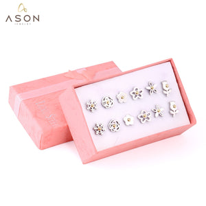 ASON 6pairs/Box Flower with Ball Classic Piercing Stud Earrings Set Stainless Steel Silver Color Fashion Jewelry for Women