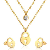 Gold/Steel Double Chains Necklace Women Accessories Stainless Steel Round Cubic Zirconia And Lock Pendant Necklace