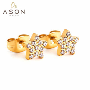 ASON Pendientes pequeños Pendientes de corona de corazón de estrella de acero inoxidable con diamantes de imitación para mujer Accesorio de joyería de color dorado 