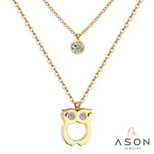 ASON Double chaînes colliers 45 cm colliers Bijoux hibou pendentif colliers rond cubique zircone accessoires Bijoux femme