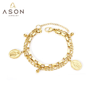 ASON Gold Color Coin Charm Bracelet Multi-layer Stainless Steel Chain Bangle with Extender for Women Girl Fashion Jewelry