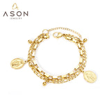 ASON – Bracelet à breloques en forme de pièce de couleur or, chaîne multicouche en acier inoxydable avec rallonge, bijoux à la mode pour femmes et filles 