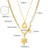 ASON Leaves Ladybug Imitation Pearl Multi-layer Chains Pendant Necklaces Gold Color Stainless Steel for Women Jewelry