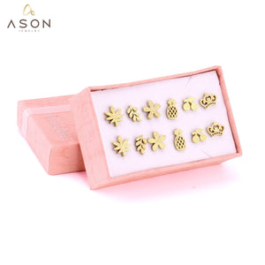 ASON 6Pairs/Box Crown/Flower/Leave Small Piercing Stud Earrings Sets Stainless Steel Gold Color Jewelry For Women Gift