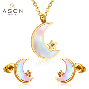 ASON Moon Star Shell 316L Stainless Steel Bridal Wedding Jewelry Sets for Women 2019 Necklace Pendant Small Stud Earring