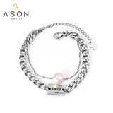 ASON Silver Color Chain Bracelet with Imitation Pearl Charm 316L Stainless Steel Bangle for Women Fashion Jewelry Gift