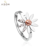 ASON Trendy Flower Rings Silver Color 316L Stainless Steel Finger Ring with Rhinestone for Women Wedding Jewelry Gift