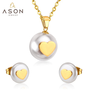 ASON Imitation Pearl Bridal Wedding Jewelry Set for Women Stainless Steel Pendant Necklace Small Stud Earring Gold Color