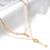 Fashion Lock With Key Double Pendant Necklaces For Women Imitation Pearl Chain Necklace Popular Jewelry 2021 Hot