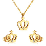 ASON Simple Style Crown Shape Frosted Gold Color Necklace Earrings Stainless Steel for Women Fashion Jewelry Sets Party