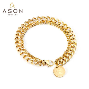 ASON Fashion – Bracelet à Double chaîne en acier inoxydable 316L, avec pièce de monnaie, à maillons cubains, bijoux de poignet unisexes 