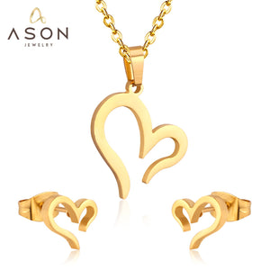 ASON – ensemble de bijoux couleur or en acier inoxydable 316L, collier avec pendentif en forme de cœur, petites boucles d'oreilles pour femmes, usage quotidien 