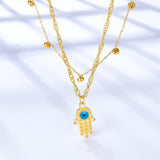 New Hamsa Hand Pendant Necklace For Women Girls Stainless Steel Blue Evil Eyes Double Layer Chain Turkish Luck Jewelry