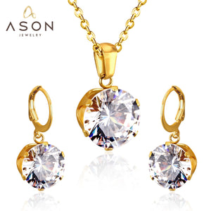 ASON Bridal Jewelry Sets Round Cubic Zirconia Pendants Stainless Steel Drop Earring Fashion Accessories Mujer Party Wedding