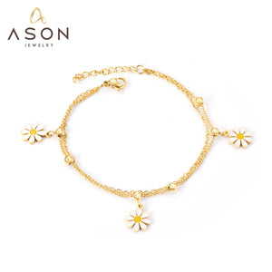 ASON Pulsera con colgante de flor pequeña, brazalete de cadena doble de acero inoxidable con bola de acero para mujer, regalo de joyería de moda 