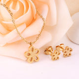 ASON Frosted Flower Chain Pendant Necklace Piercing Earrings Gold Color Stainless Steel for Women Jewelry Sets Fashion