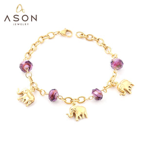 ASON Fashion Elephant Charm Beads Chain Bracelets for Women Gold Color Stainless Steel Bangle Pendant Accessories Jewelry