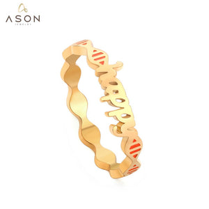 ASON-Anillo de acero inoxidable con forma de letra feliz para mujer, Color dorado, regalo de fiesta, accesorio de joyería de moda, uso diario