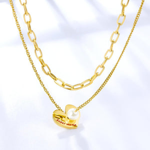 Stainless Steel Heart Imitation Pearl Pendant Necklace Collars Trendy Gold Color Double Chains Necklace Wedding