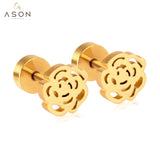 ASON Romantic Style Flower Piercing Stud Earrings Cubic Zirconia Gold Color Stainless Steel Hollow Out Women Jewelry Party