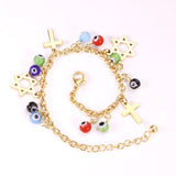 ASON joyería Bohemia pulseras de cadena de eslabones de Color dorado Cruz de acero inoxidable colgante de estrella de ojo azul redondo para pulsera de mujer