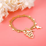 ASON Gold Color Star with Cross Charm Bracelets Stainless Steel Tree Pendant Link Bangles for Women Christmas Gift Jewelry