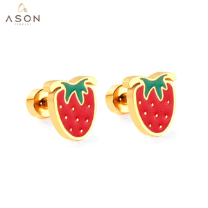 ASON Cute Strawberry Cloud Rainbow Stud Earrings Children's Earrings Stainless Steel Fashion Jewelry for Girl Women