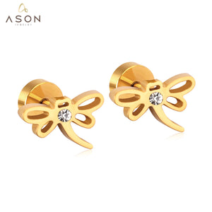 ASON Stainless Steel Dragonfly Cubic Zirconia Screw Stud Earring Classic Style Gold Color Christmas Earring Female Party