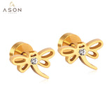 ASON Stainless Steel Dragonfly Cubic Zirconia Screw Stud Earring Classic Style Gold Color Christmas Earring Female Party