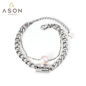 ASON – Bracelet chaîne couleur argent avec breloque en perles d'imitation, en acier inoxydable 316L, pour femmes, bijoux à la mode, cadeau 